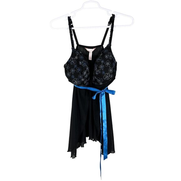 Cacique Womens 3X Babydoll Teddy Black Blue Floral Embroidered Bow Nightgown - Picture 6 of 10